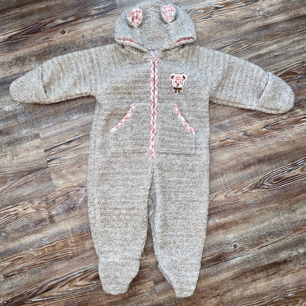 BABY UR IT TAN VARIEGATED BEAR EARS HOODED  SNOWSUIT BABY BOY 6-9 M THICK FLEECE